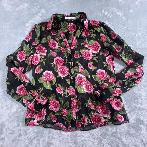 Alice Olivia Womens Floral Blouse Sz XS Silk Blend Button Down Sheer Romantic - Picture 4 of 12